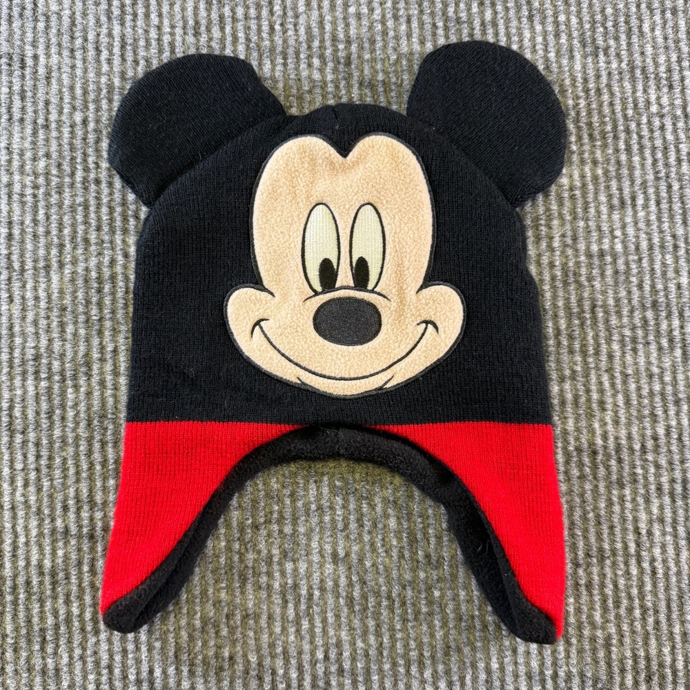 DISNEY MICKEY MOUSE BEANIE ONE SIZE BLACK RED ACRYLIC FLEECE LINED EARFLAP HAT